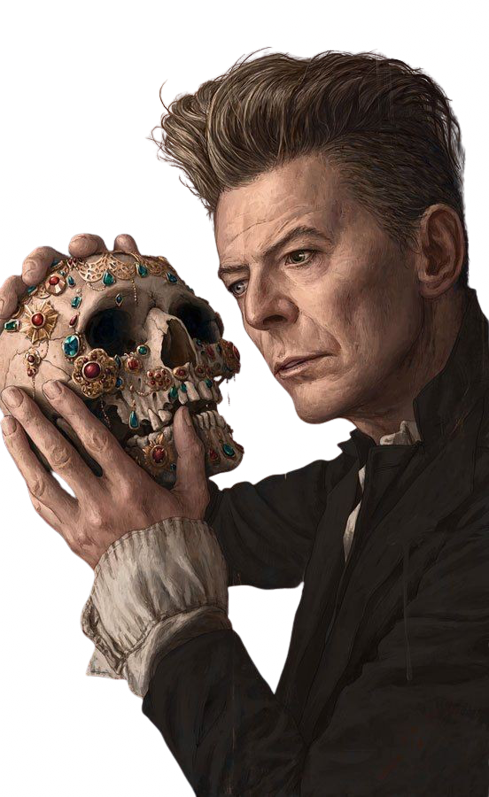 Tableau Memento Mori : un homme tenant un crâne orné de pierres précieuses